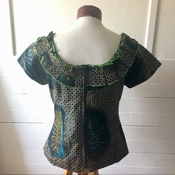 African Wax Print Ruffle Neck Short Sleeve Structured Handmade Blouse - Picture 8 of 9